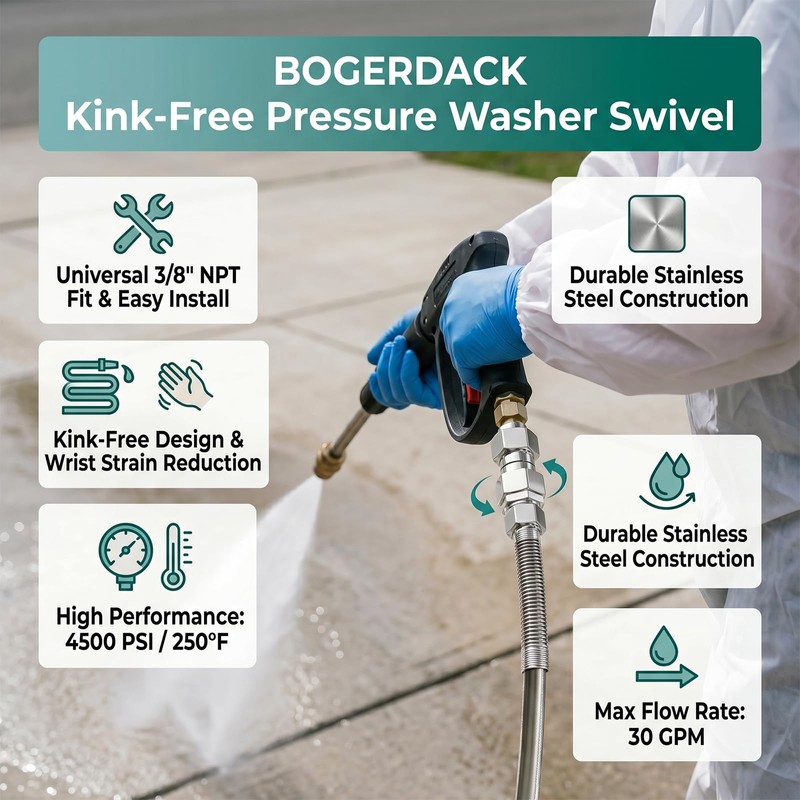BOGERDACK 2PCS 3/8" NPT Male Stainless Steel Pressure Washer Swivel,