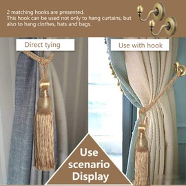 VEGCOO 4 Pack Handmade Curtain Clips Tiebacks Set, 2 Pack Europe Buckles Hold backs Tassel Ball Rope with 2 Pack Curtain Tieback Hooks(Gold)