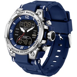 Men's Watches Outdoor Sports Watch for Men with 5ATM Waterproof Countdown Digital Analog Three Time Day Date Week Display Rugged Wristwatch for Running