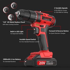 ASUNKYT Cordless Drill with Battery and Charger, 20v Drills with Torque 30N and Impact Function, 3/8-Inch Keyless Chuck for Screwdriving and Drilling (Battery×2)