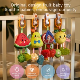 TUMAMA Baby Pram Hanging Rattle Toys 0-3 6-9 Months, Newborn Sensory Learning Toys with Squeaky Sound & Teether, Plush Lemon Rattles for Car Seat, Pushchair, Crib & Stroller Boy Girl (4pcs)