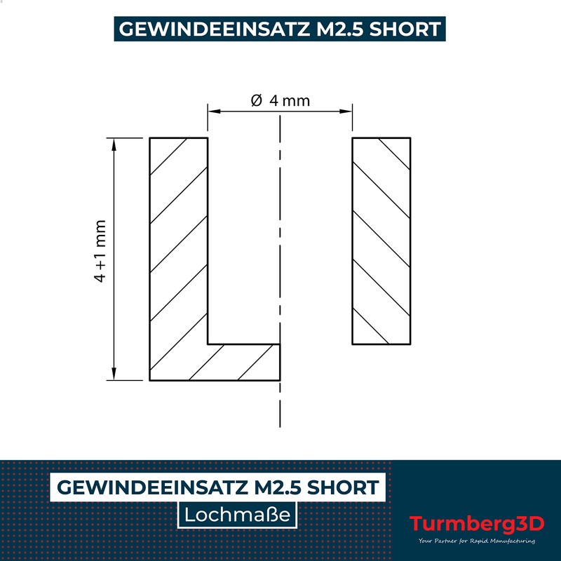Turmberg3D - Gewindeeinsatz M2.5 (50 Stück) / M2,5x4 Messing Gewindebuchsen/Einschmelzmutter