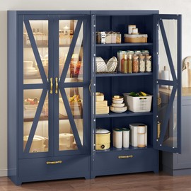 YITAHOME Kitchen Pantry Cabinet with Lights, 61" Metal Storage Cabinets with Adjustable Shelves, Organizer Cabinet with Barn Doors, Freestanding Cupboard with Drawer for Dining Living Room, Navy Blue