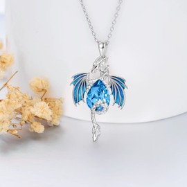 MBSUUH Dragon Necklace Sterling Silver March Birthstone Wyvern Necklace Embllished with Teardrop Shaped Crystal Jewelry Gift for Women