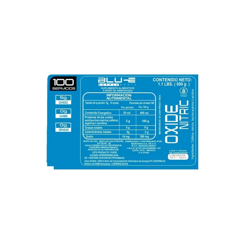 Óxido Nítrico Blu-e 500gr 100 Servicios Pre Entreno Full