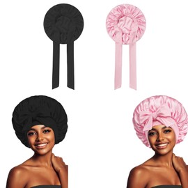 Benaewa 2 Pack Satin Bonnet, Hair Bonnets for Sleeping, Shower Caps with Long Tie for Women(Black/Pink)
