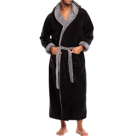 Alexander Del Rossa Mens Robe, Plush Fleece Hooded Bathrobe Men, Men's Bathrobes, Big and Tall Bath Robe for Men Black with Gray Contrast XL (A0125BKSXL)
