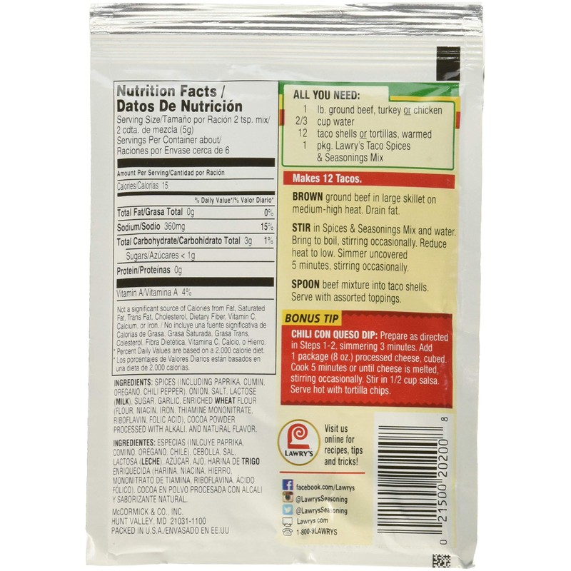 Lawry's Taco Seasoning 1 Oz Packet (Pack of 6)
