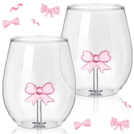 Domensi 2 Pcs Pink Bow Stemless Wine Glass Coquette Glass Cups 20 oz Elegant Drinkware Handcrafted Mug Champagne Cocktail Beverage Cups for Women Weddings Friend Party Mother Gifts Barware Birthday