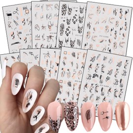 Holographic Gold Nail Art Stickers, Rose Gold Flowers Leaves Leopard Abstract Face Lines Decals, 3D Self-Adhesive Sticker Design for Women Manicure Charms Decorations