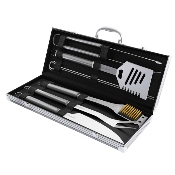Home-Complete HC-1005 Barbecue, Includes Spatula, Tongs, Basting Brush 7-Piece Stainless Steel Cooking Utensils Set-BBQ Grill Accessories with Aluminum Storage Case, Silver