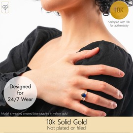 MAX + STONE 10K Yellow Gold Blue Sapphire Ring for Women | September Birthstone Ring | Hypoallergenic Three Stone Gemstone Gold Ring |Sapphire Engagement Ring| Sapphire Statement Cocktail Ring Size 6