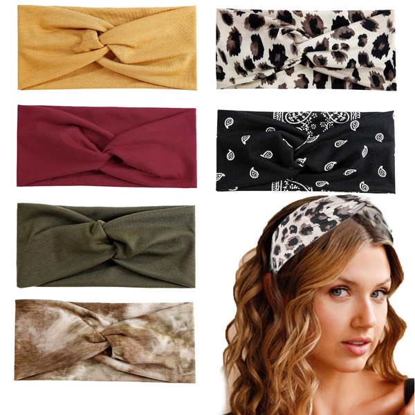 Zhenp Pack of 6 Wide Twisted Soft Headbands, Retro Soft