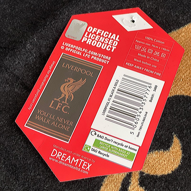 Liverpool Football Crest Black & Gold Beach Bath Towel 100%