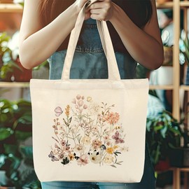 Aesthetic Floral Tote Bag Canvas Tote Bag for Women with Pocket, Large Tote Bags Reusable Grocery Bags for Shopping, Work, Gym, Christmas Birthday Wedding Thank You Gifts for Girls Mother in Law