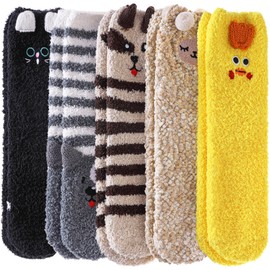 DYW Fuzzy Socks for Women Soft Cozy Fluffy Winter Warm Slipper Socks Home Sleeping Animal Socks (5 Pairs Animal B)