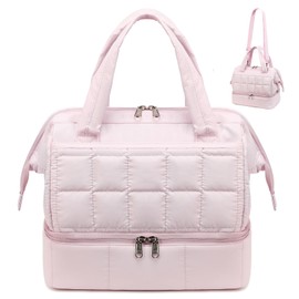 Bluboon Lunch Box for Women Insulated Lunch Bag Double Deck, Puffer Quilted Lunchbox Wide Opening Reusable Lunch Boxes Cooler for Work Picnic Travel Office Beach with Adjustable Shoulder Strap (Pink)