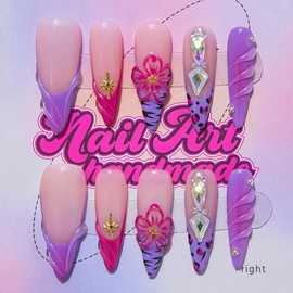 Delicatething Acrylic Nails Set of 10, Y2K Style Long Stiletto Design, Handmade with Gold Rose, 3D Elements, and French Tips:_Long pointed purple leopard print_S