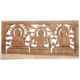 GURU SHOP Carved Wall Picture Decorative Wall Relief 3 Buddhas, Brown, 26 x 50 x 1.5 cm, Masks & Wall Decoration
