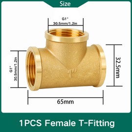 Brass 90° T-Fitting, Three G1 Inch Female Threads (30.5 mm Diameter), DN25, Branching/Distribution Piece, Suitable for Drinking Water Systems