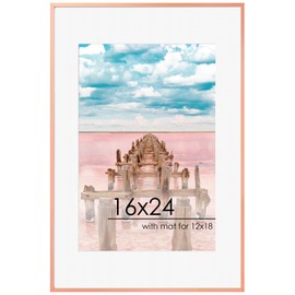 FLYJOE 16x24 Frame | 16x24 Poster Frame With Mat For 12x18 | Metal Aluminum Picture Frame With Tempered Glass | Minimalist Modern Poster Frame | Hanging Hardware Included | Rose Gold