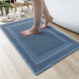 AMOAMI Waffle Bath-Mat, Absorbent Bath Mats for Bathroom Non Slip, Machine Washable Bathroom Rugs with Tassels Ultra Soft Boho Bath Rugs for Bathroom Floor 17''x24'' Blue