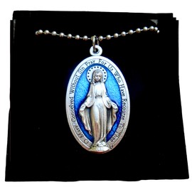 XL Blue Enamel Miraculous Medal, 30" Stainless Steel Ball Chain Miraculous Necklace, Catholic Gift, Our Lady Medal, Italian Medal, Giant Miraculous Medal Measures 1 3/4 inch