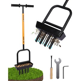 2-in-1 Manual Lawn Aerator Tool with Soil Core Storage Tray - 41.3" Heavy Duty Carbon Steel Garden Lawn Aerator Tools- Multifunctional Spike & Plug Aerator for Compacted Soil(Black + Orange)