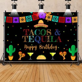 Canessioa Mexico Fiesta Backdrop Tacos and Tequila Happy Birthday Backdrop String Lights Cinco De Mayo Theme Birthday Party Decorations Banner Photo Studio Props 7x5ft(210x150cm)