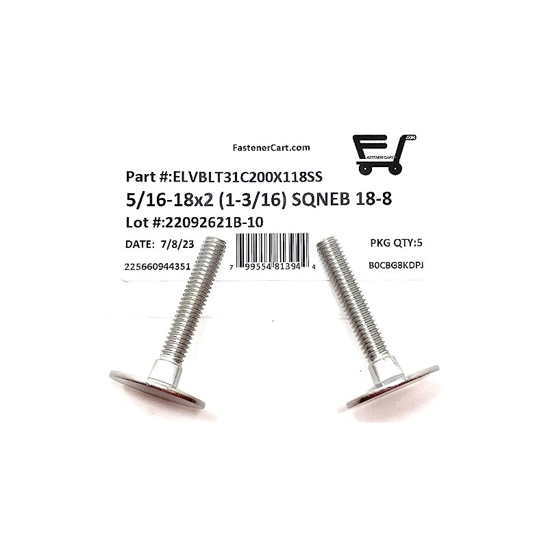 (5) 5/16-18x2 Stainless Steel Elevator Bolt Square Neck (1-3/16 Diameter