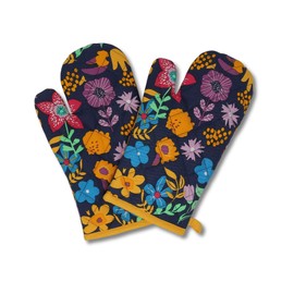 gws Heat Resistant Oven Gloves 1 Pair Flower Saffron 18 x 28 cm 100% Cotton Oeko-Tex Standard Polywadding Lining Non-Slip Washable
