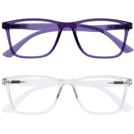 OPULIZE NYX Reading Glasses with Blue Light Blocking for Women Men, Rectangular Frame with UV & Eyestrain Protection, Anti-Glare Computer Gaming Glasses, Purple, Clear +1.0 (Pack of 2)