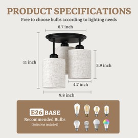 Scyvenra Semi Flush Mount Ceiling Light, 3-Light Close to Ceiling Light Fixtures, Matte Black Kitchen Light Fixtures with Linen Fabric Shade, Hallway Light Fixtures Ceiling Mount for Foyer Entryway