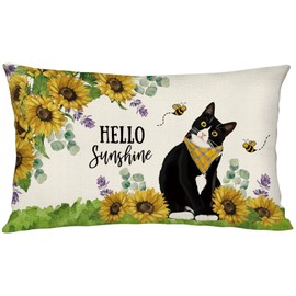 YINENA Hello Sunshine Sunflower Cat Throw Pillow Cover 12x20 Inch Outdoor Spring Summer Decorations Lumbar Decorative Throw Pillow Case for Couch Home Room Decor