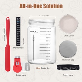 KOACKL Sourdough Starter Jar, 40oz Sourdough Starter Kit with Magnetic Bread Lame, Thermometer, Long Scraper, Cloth Cover & Lid for Sourdough Bread Baking Supplies