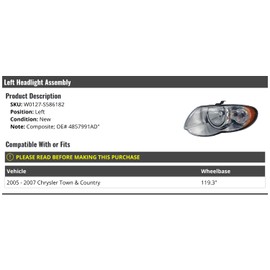 Marketplace Auto Parts Left Driver Side Composite Headlight Assembly - Compatible with 2005-2007 Chrysler Town and Country with 119.3 Inch Wheelbase