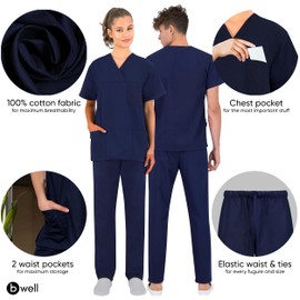 B-well Morelli 100% Cotton Scrubs Unisex Medical Uniforms & Scrubs Unisex Scrub Set of Scrub Top + Scrub Pants Set Nurses Uniform, blue, XXXL