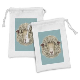 Lunarable Humor Fabric Pouch Set of 2, Portrait of Ram Sheep Goat Head Meadow Mammal Hipster Retro Style Graphic Art, Small Drawstring Bag for Toiletries Masks and Favors, 9" x 6", Turquoise Tan