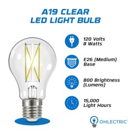 OHLECTRIC A19 LED Light Bulb (2-Pack) 8 Watt (60W Equivalent) E26 Medium Base, Dimmable, 800 Lumens, 2700K, Soft White, 120 Volt, Clear Light Bulbs, Long Life 15,000 Hours, Flicker-Free Bulbs LED