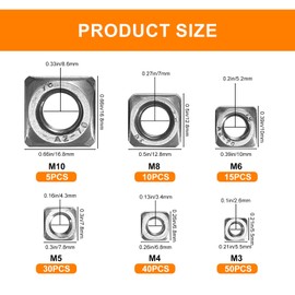 Square Nut, 150 Pieces Stainless Steel Square Nuts, Thread Nuts, M3 M4 M5 M6 M8 M10 Screw Nut Assortment Set for Wood Furniture