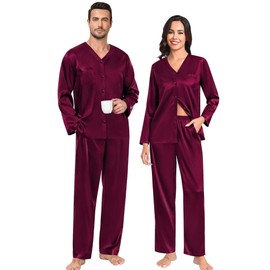 SWOMOG Family Matching Pajamas Sets for Women & Men Couples 2 Pcs Silk Satin Pjs Sets Button-Down Sleepwear Soft Loungewear Dark Wine Red
