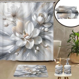 Ambesonne Grey Bathroom Decor Set 4 Pcs Including Shower Curtain with Hooks Bath Mat Soap Dispenser Toothbrush Holder in Box Essentials & Accessories, Magnolia Abstract Theme, Ecru Purpleblue Coconut