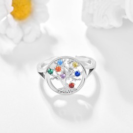 KINGWHYTE Chakra Tree of Life Rings 925 Sterling Silver Family Tree Adjustable Rings Jewellery Birthday Gifts for Women Mother Boyfriend Girlfriend Girls, Sterling Silver