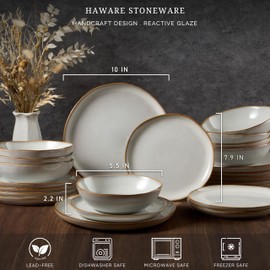 HaWare Plates and Bowls Set, Stoneware Dinnerware Sets, 18-Piece Hand-painted Dishware for 6, Scratch Resistant Ceramic Dinner Set for Home Kitchen, Microwave and Dishwasher Safe, Reactive Pearl White