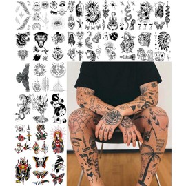 Impressed.co Impresionado 48 Hojas Unisex Vintage American Traditional Temporal Tatuajes - Pequeño Semi Permanente Blackwork Minimalista Falso Tatuaje Flash Para Mujeres Y Hombres - Mano D