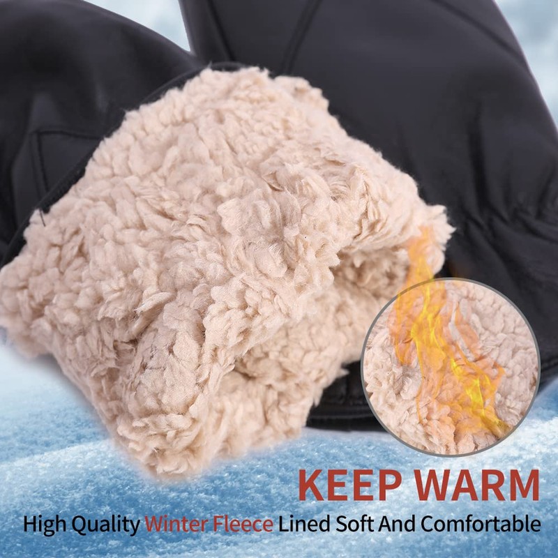 Mens Leather Mittens Soft Lambskin Warm Winter Fleece Lined by