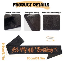 LHPYQ It's My 40th Birthday Sash with Rose Gold Foil Lettering - Sparkling Black Glitter 40th Birthday Satin Sash for Women - Forty Years Old Birthday Party Decorations Accessories