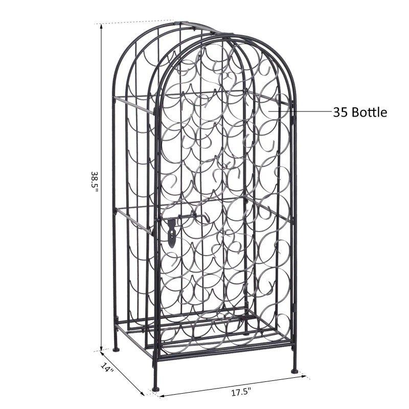35 Bottle Wrought Iron Wine Rack Cabinet Black with Lock