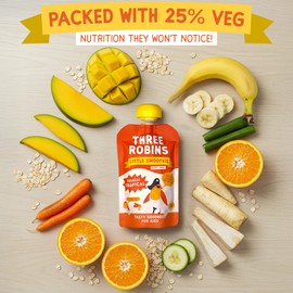 Three Robins Totally Tropical Little Smoothies, Dairy-Free Oat Milk & Tropical Fruit Blend with Hidden Veggies, Added Vitamins & Minerals, No Added Sugar, 6 x 100g Resealable Pouches, Kids Snack