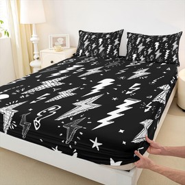 Homewish Lightning Fitted Sheet Hand Drawn Doodle Lightning Bolt Bedding Set 3pcs for Kids Boys Thunderbolts Sheet Set Microfiber Bed Sheet Set (1 Fitted Sheet + 2 Pillow Cases) Queen Size